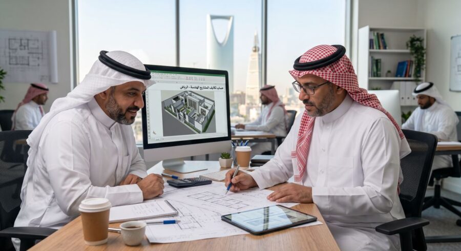 Engineering Consultancy Prices in Riyadh: Your Guide to Blueprints, Design, and Supervision Costs 1 An engineer is in an engineering consultation at the office with a Saudi client.