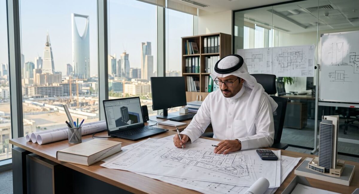 مكتب إشراف هندسي بالرياض | دليلك لاختيار مكتب معتمد وتكلفة إشراف الفلل 1 مهندس إشراف معتمد الرياض يقوم بالتخطيط للإشراف هندسي بالرياض
