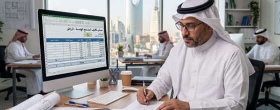 مهندس سعودي داخل مكتب هندسي يحسب أسعار الاستشارات الهندسية بالرياض