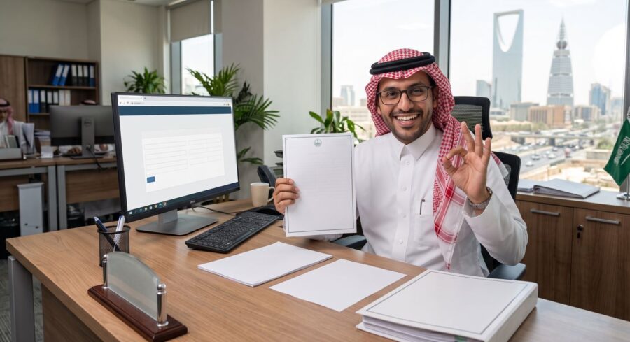 شروط وطريقة استخراج رخصة بناء الرياض | دليل الرسوم ومنصة بلدي 1 موظف سعودي سعيد بعد إستخراج استخراج رخصة بناء الرياض وماسك الرخصة في يديه ويشير باليد الأخري علامة صح